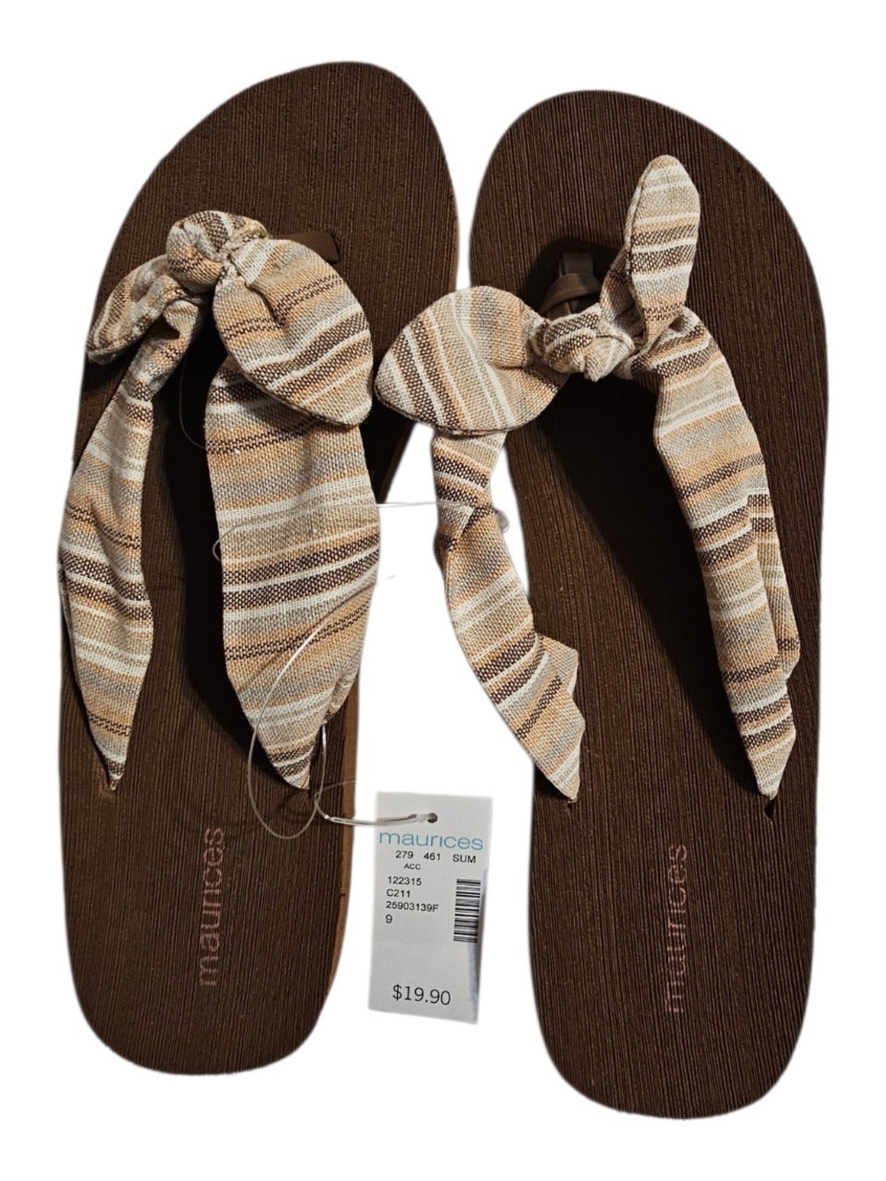 maurices Brown Flip Sandals with Beige Striped Bow